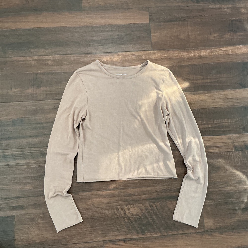 Anthropologie Long Sleeve Crew Neck Top Taupe Brown Raw Hem Small Minimalist